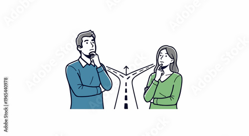 A man and woman stand at a road fork, contemplating their choices
