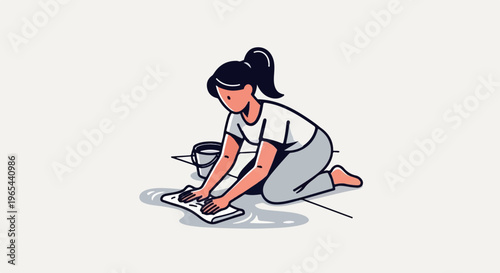 A person kneels to clean a wet floor with a cloth and bucket