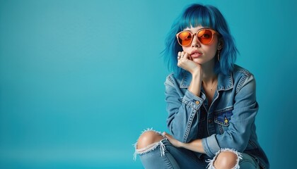 Young woman with blue hair and sunglasses sits in ripped jeans and denim jacket. She has a rebellious style and poses confidently against a blue background, representing Gen Z.