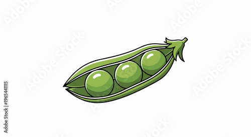 A cartoon illustration of a green pea pod with three round peas