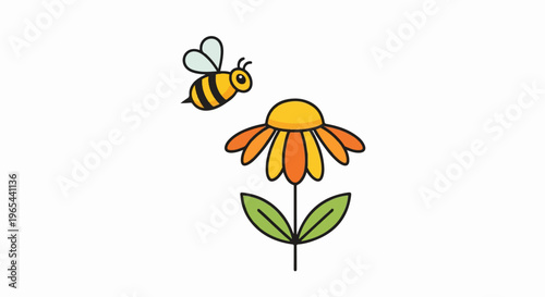 A cartoon bee flies towards a cheerful cartoon flower