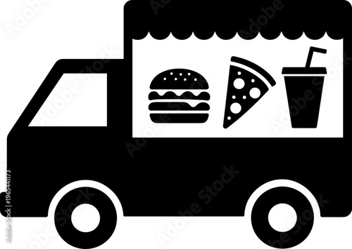 Food Truck Silhouette with Burger Pizza Drink Icons Vector