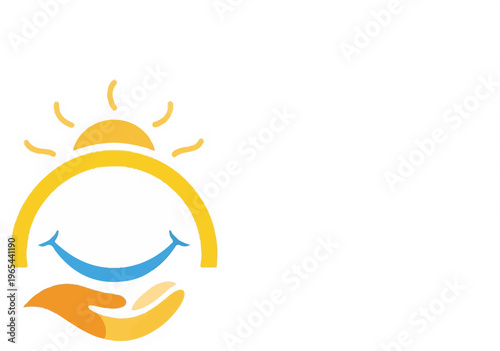 A bright sun arches over a smiling face, held by caring hands