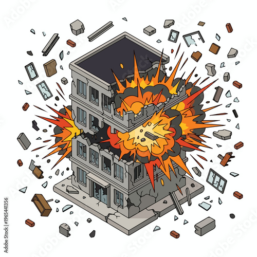 vector isometric of a building exploding after being hit by a missile 5