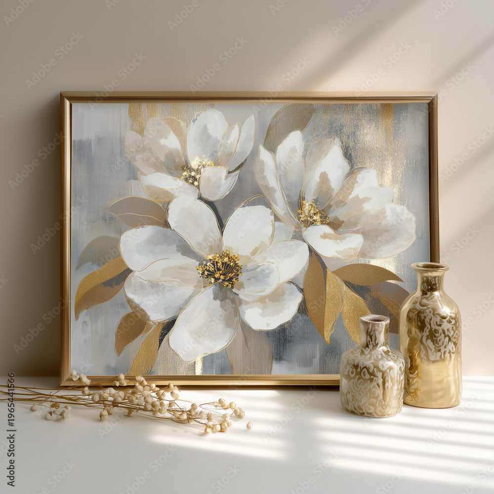 Obraz premium Large wall art shows white flowers with gold accents next to decorative vases in a bright room during daytime