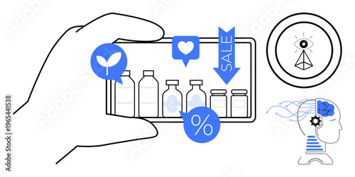 E-commerce, smart shopping, technology evolution, digital marketing, consumer behavior, innovation. Smartphone with sale icons and product bottles. E-commerce and consumer behavior concept