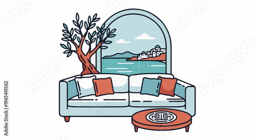 Cozy living room with view of Mediterranean village and sea