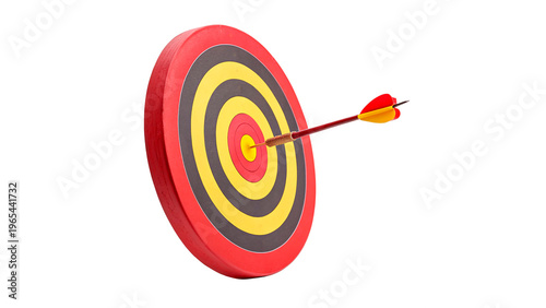 Bullseye target with arrow stuck in the center isolated on transparent background cut out