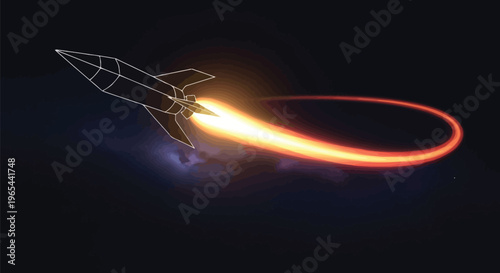 Rocket, space, wireframe, launching, flame, night sky, technology