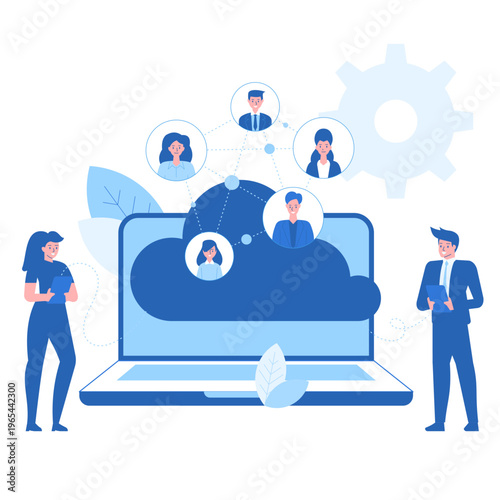 Cloud CRM concept with connected user profiles and customer network. Business team managing contacts, tracking interactions and building relationships within centralized customer database. Vector