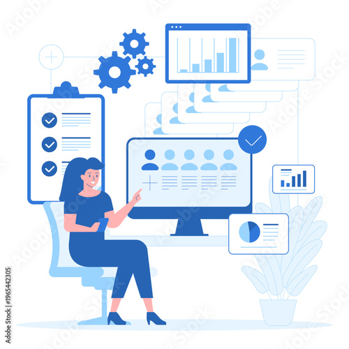 CRM dashboard concept with customer profiles, analytics charts and task checklist on desktop screen. Businesswoman managing client data and sales metrics in modern customer relationship system Vector 