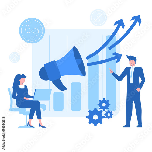 CRM. Forecasting concept with megaphone and upward arrows. Business team analyzing trends, predicting growth and planning future strategy using data driven insights. Vector illustration