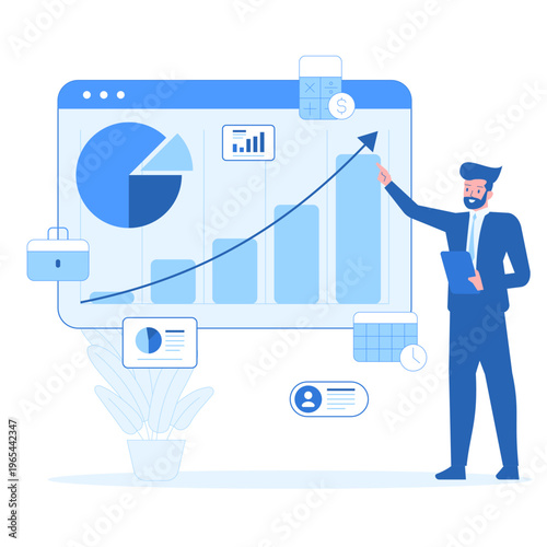 CRM. Reporting and analytics dashboard with pie chart and growth graph. Business manager analyzing financial data, tracking KPIs and presenting company performance results. Vector illustration