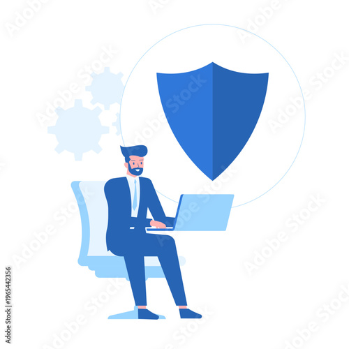 CRM. Information protection concept with shield and secure laptop. Business professional ensuring cybersecurity, data safety and privacy within corporate digital infrastructure. Vector illustration
