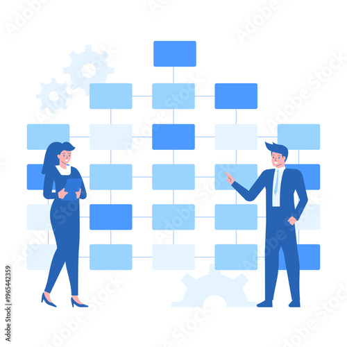 CRM. Data storage and structuring concept with organized blocks and workflow scheme. Business team managing information architecture, improving database efficiency and system integration Vector