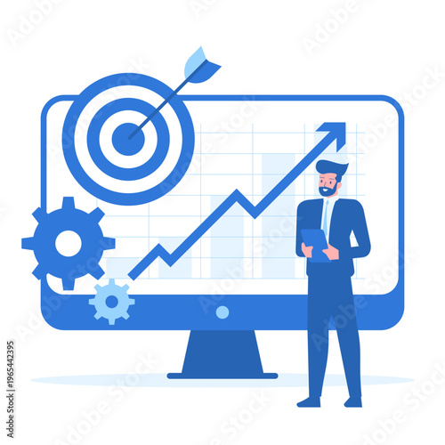 CRM. Organization and regulation of workflows concept with target, growth chart and gear icons. Business manager optimizing processes, setting goals and improving operational efficiency. Vector 