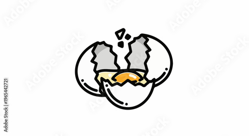 Cracked egg with yolk spilling out and shell fragments