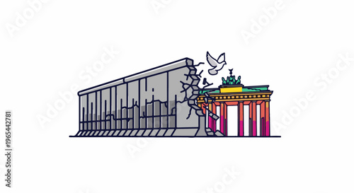 Cracked wall of division gives way to a colorful gate and flying dove