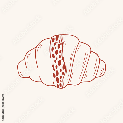 Vector illustration of a glazed croissant with chocolate sprinkles. Hand drawn red line style icon for bakery menu and cafe branding. Minimalist design. Isolated on beige background.