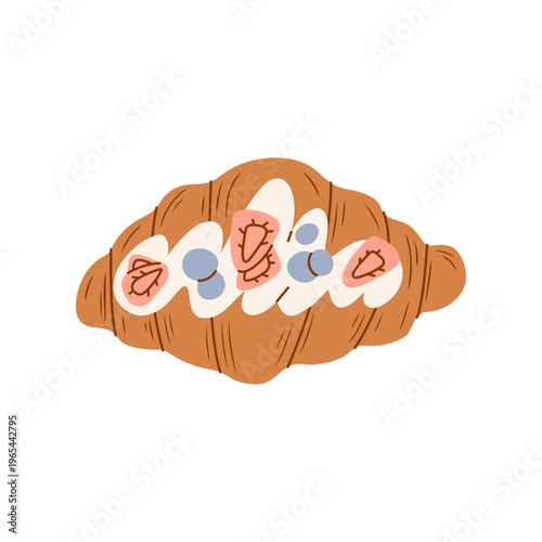 French croissant with strawberry slices and whole blueberries, colorful flat design. Vector illustration for bakery, cafe menu and breakfast. Minimalist hand drawn pastry icon isolated on white