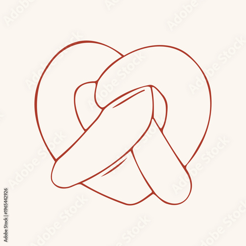 Heart shaped bavarian pretzels in red line art style. Vector illustration for bakery, cafe menu and Oktoberfest decor. Minimalist hand drawn traditional snack isolated on beige background