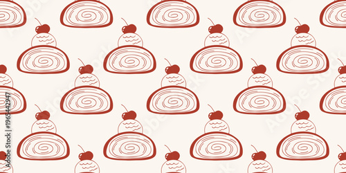 Cherry strudel with ice cream scoop seamless pattern in red line art style. Vector background for bakery, cafe menu and dessert design. Minimalist hand drawn wallpaper isolated on beige