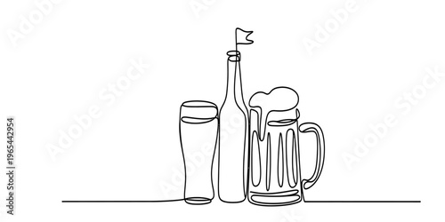 Minimalist continuous line drawing of a beer bottle alongside a glass and a full beer stein mug. Vector, illustration