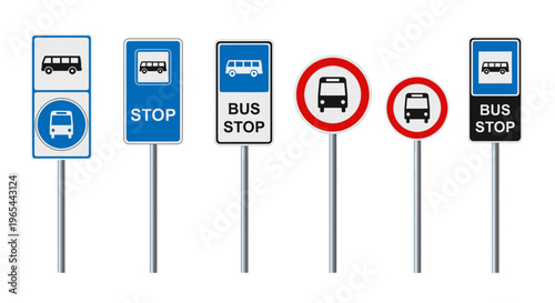 Various bus stop signs displayed on metal poles in a row
