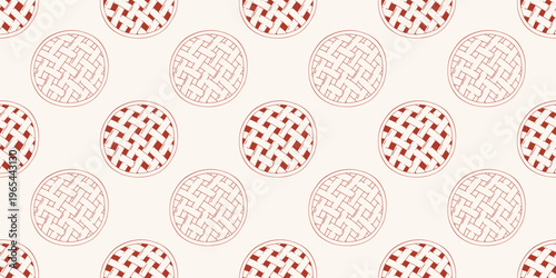 Seamless pattern with fruit or berry pies in red line style. Vector background for bakery, cafe menu, thanksgiving decor, wrapping paper. Minimalist hand drawn sweet dessert wallpaper on beige