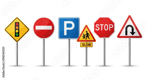 A collection of traffic and road signs standing upright on poles in a row