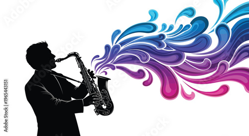 Saxophone player silhouette, colorful swirling music notes, jazz instrument vector, musical performance art