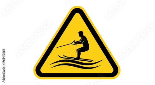A person water skiing on a wave in a triangular yellow warning sign