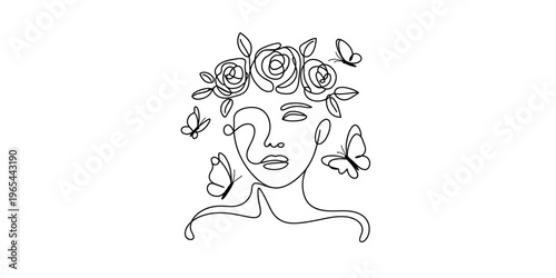 A minimalist single line art illustration featuring a woman with roses and butterflies in hair Vector, illustration