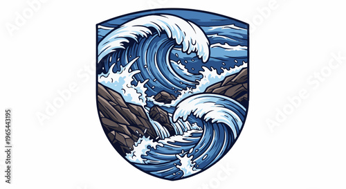 Crashing waves surge against rocky shores within a shield