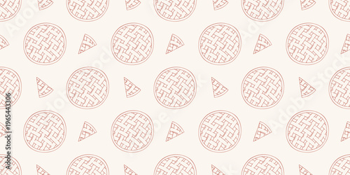 Seamless pattern with fruit pies and slices in red line style. Vector background for bakery, gift wrapping paper, thanksgiving design. Minimalist hand drawn berry dessert wallpaper isolated on beige