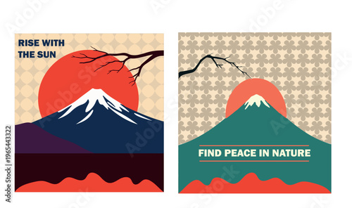 Japanese style mountain landscape vector set, vintage sunrise with snow capped peak, oriental nature posters with cherry blossom branch and geometric patterns