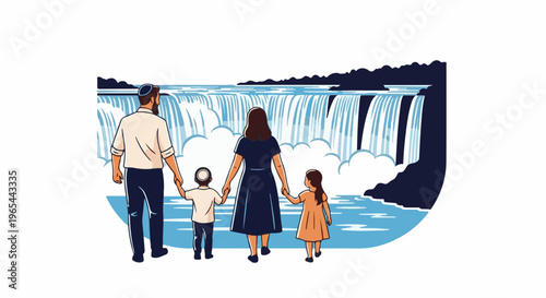 Family admiring powerful waterfall from behind