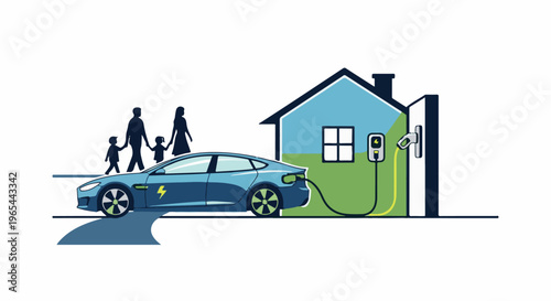 Family charging an electric car at a stylized home