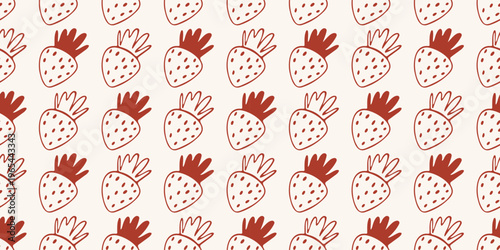 Seamless pattern with strawberries in red line style. Vector background on beige for kitchen decor, gift wrapping paper, summer textile design. Minimalist hand drawn berry wallpaper.