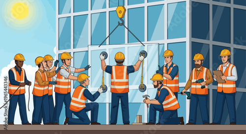 Construction workers installing large glass windows on a building site outdoors
