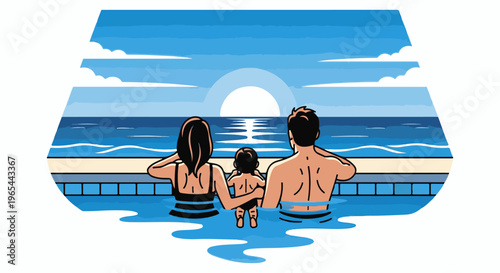 Family enjoys a serene poolside sunset, gazing at the ocean