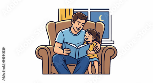 Father and daughter reading a book in a cozy armchair at night