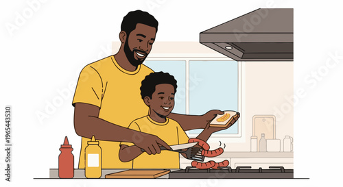 Father and son happily preparing food together in a kitchen