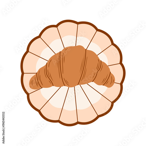 Modern retro vector illustration of french croissant on a decorative plate. Colorful hand drawn icon for bakery menu, sticker, cafe branding, breakfast food concept.