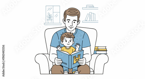 Father and son reading a storybook together on a comfy armchair