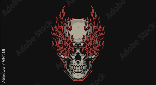 Creepy skull with fiery red flames emanating from eye sockets