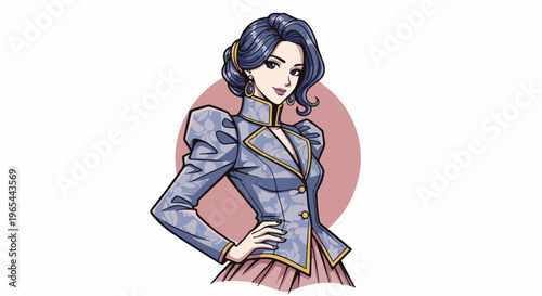 Elegant woman with styled hair and patterned jacket, standing confidently