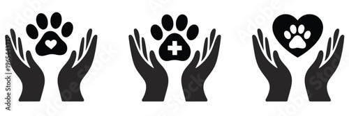 Human, hand and paw vector icon with first aid symbol, representing pet rescue, care, and animal support, clean modern flat design for veterinary services, apps, websites, and user interface