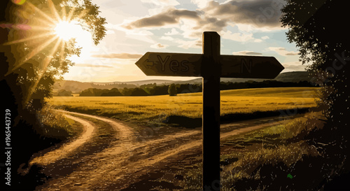 A signpost stands on a winding dirt road leading through a sunny landscape.
