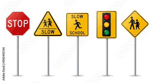 Traffic signs display stop, slow, school zone warnings on poles